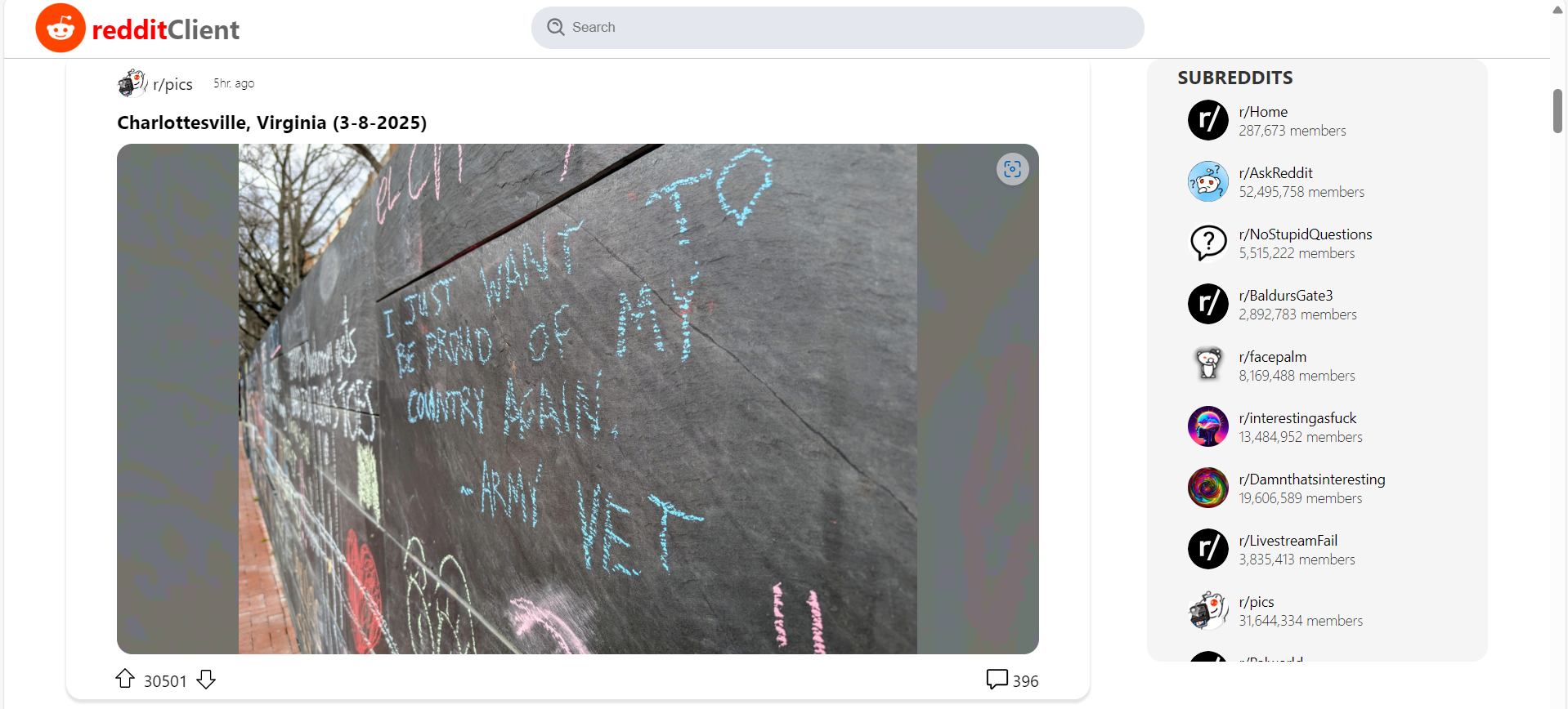 A page of reddit-cl app showing a users post on the pics subreddit